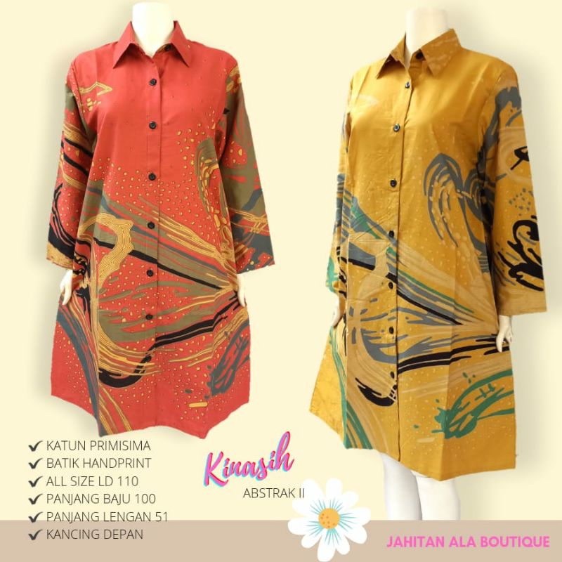 Tunik Batik Wanita Modern Atasan Dress Batik Kerja Premium Asli Solo Motif Abstrak Model Kerah Lenga