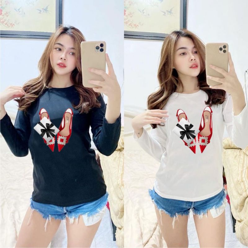 BAJU KAOS WANITA CEWEK MOTIF TERBARU SHOES BLACK WHITE