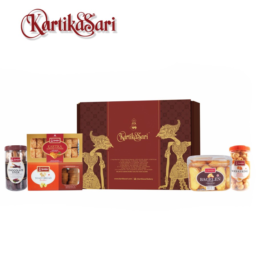 

Paket Hadiah Kartika Sari Hampers Lebaran 5S Limited Edition isi : Soes Kering Keju, Bagelen Berat, Choco Stick Berat, Almond Cookies Berat, Toast Bread Butter Berat