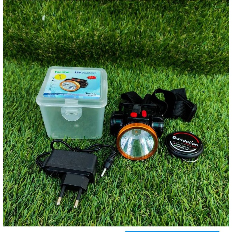 Headlamp charger LED Vanstar Original +Box warna lampu kuning/Senter Kepala outdoor