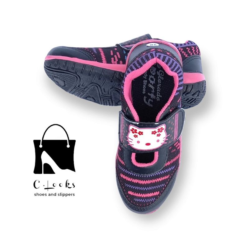 Sporty LB Garis Hello Kitty Sepatu Anak Perempuan Size 26-30 Hitam Pink