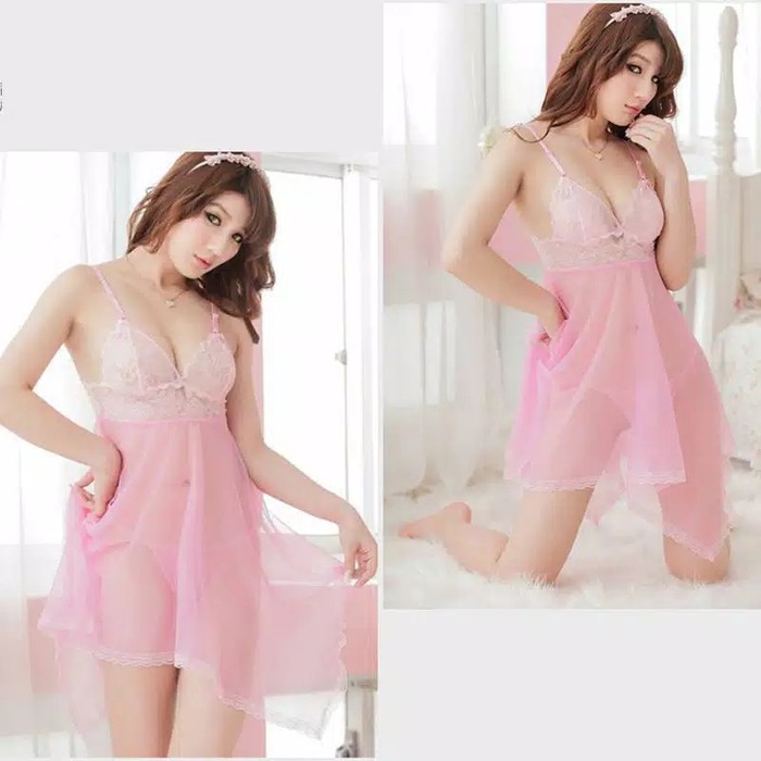 CLEARANCE SALE - BR0034 - Dress Lingerie V-Neck Rendah Model Renda Serat Mesh Eksotis