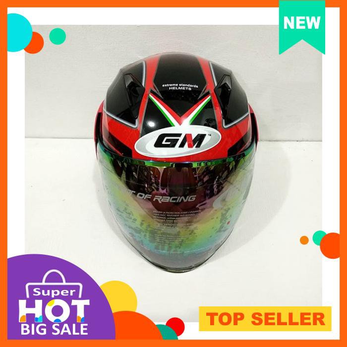 HELM GM FIGHTER SR MOTIF HURRICANE RED BLACK MERAH HITAM