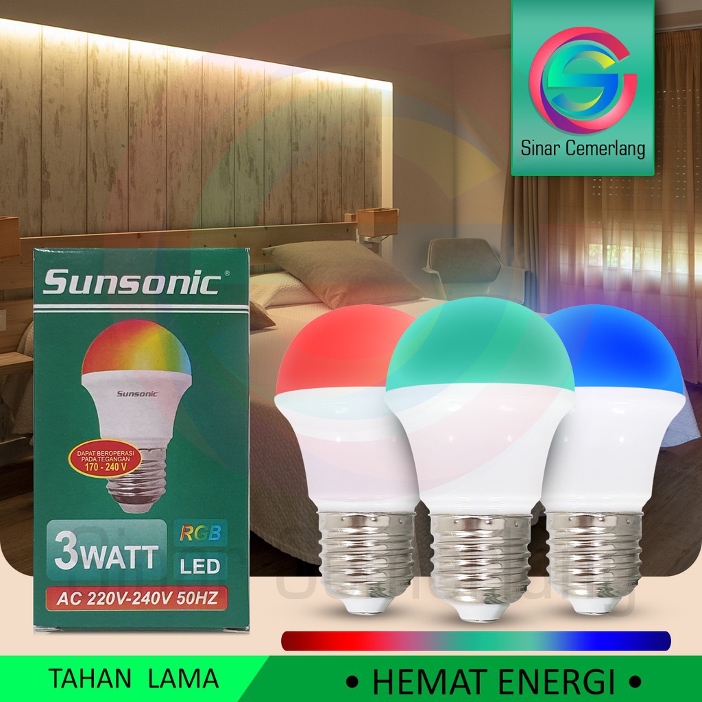 Lampu hias LED Sunsonic 7 warna 3 Watt RGB Warna Warni Disco Kelap Kelip Gonta Ganti Wana Buat Lampu Tidur Mini Lamp Bohlam Berwarna Dekorasi Full Color Sunsonik Multi color  Bohlam 3 Watt Warna Warni / RGB - Bohlam led 3 watt yang menyala warna warni