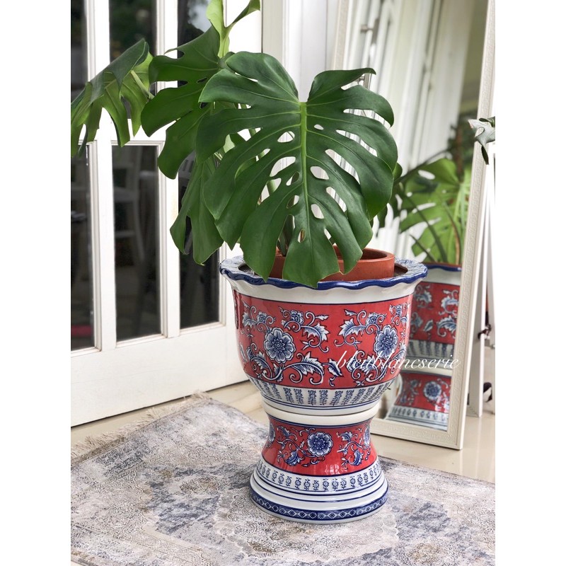 Pot tanaman keramik besar biru putih merah D 35 +stand