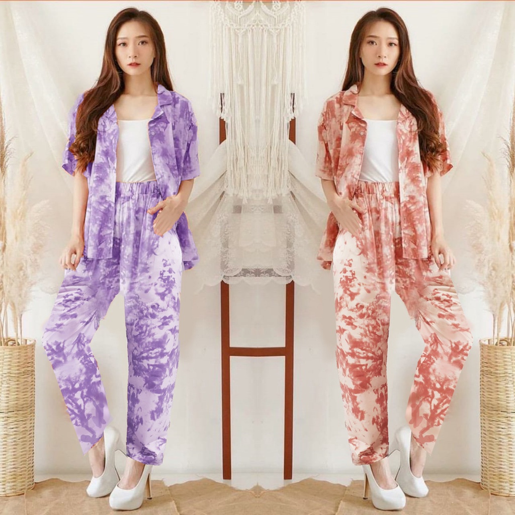 DAILY SET RAYON tiedye- HOMEY SET FIT Xl - PAJAMA SET RAYON -  PIYAMA RAYON MA-margot lilac
