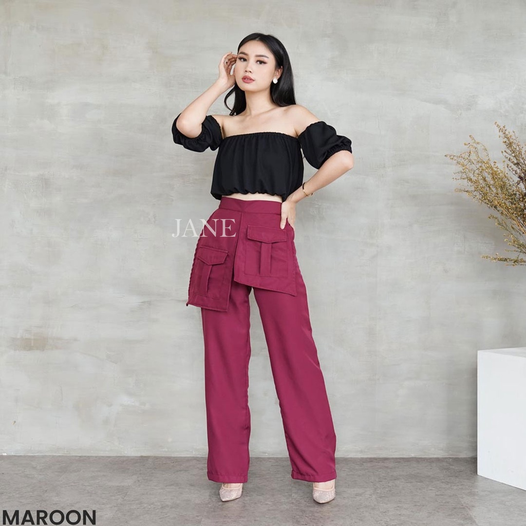 JANE COLLECTION ||  Celana Panjang Kulot Kantong Depan Pinggang Karet Celana Kain Wanita Cullotes Pants Lurus Cewek Ukuran L XL Kasual Kekinian - Paola Pocket Pants