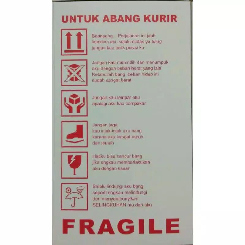 Stiker Fragile Abang Kurir ukuran besar 13 x 7.5 cm (10pcs)