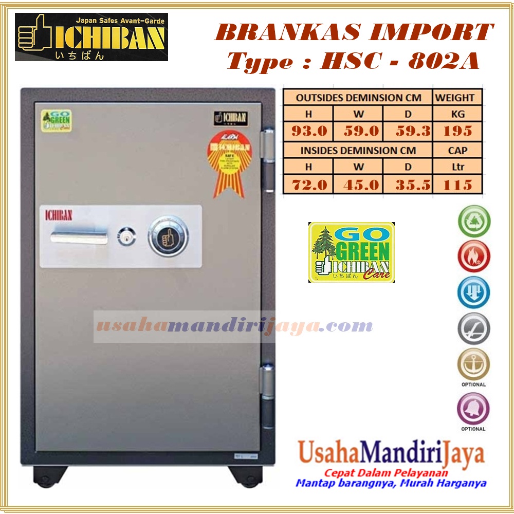 Brankas Ichiban HSC-802A Tahan Api, Baja Galvanis 195 kg, Ukuran 720x450x355 mm
