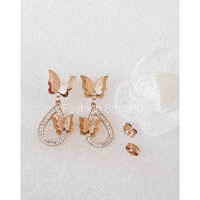 Anting Import Buterfly Titanium premium Rosegold Bestseller edisi terbatas kupu-kupu