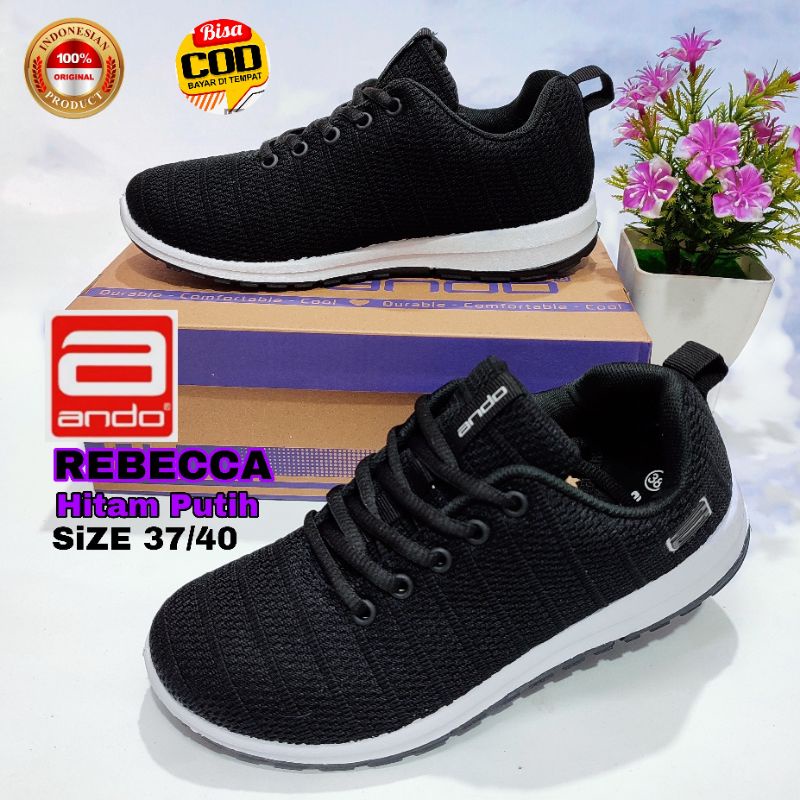 ANDO Sepatu Sekolah Kerja Wanita Cewek Tali Kekinian Hitam Putih Black White Size 37 sd 40 Berkualitas