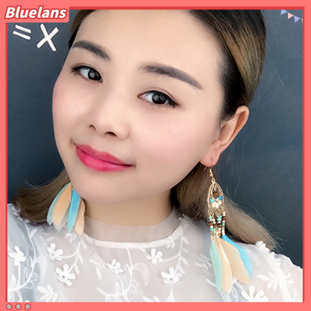 Anting Rumbai Bulu Manik-Manik Oval Warna-Warni Model Hollow Out Gaya Boho Untuk Wanita