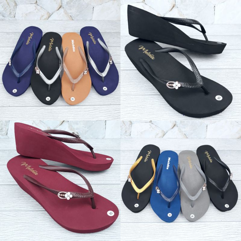 MELDIS Sandal Wedges Wanita Jepit Hak 5cm Spon Sendal Jepun Bali Cewek Spons Perempuan Japit Karet Polos Colorful Kualitas Super Premium Include Pin Bros Simple Casual Cantik Mewah Murah