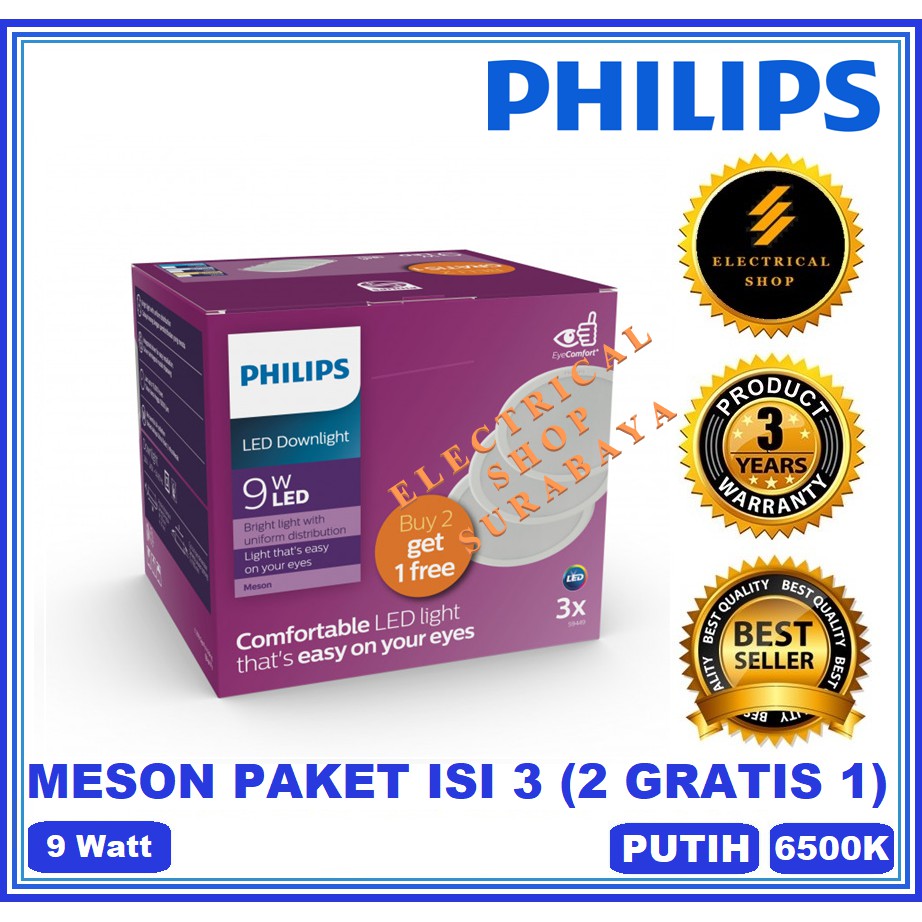 PHILIPS DOWNLIGHT LED MESON PAKET 9W 9 WATT 105 6500K PUTIH 59449 MULTIPACK BUNDLING 2 GRATIS 1