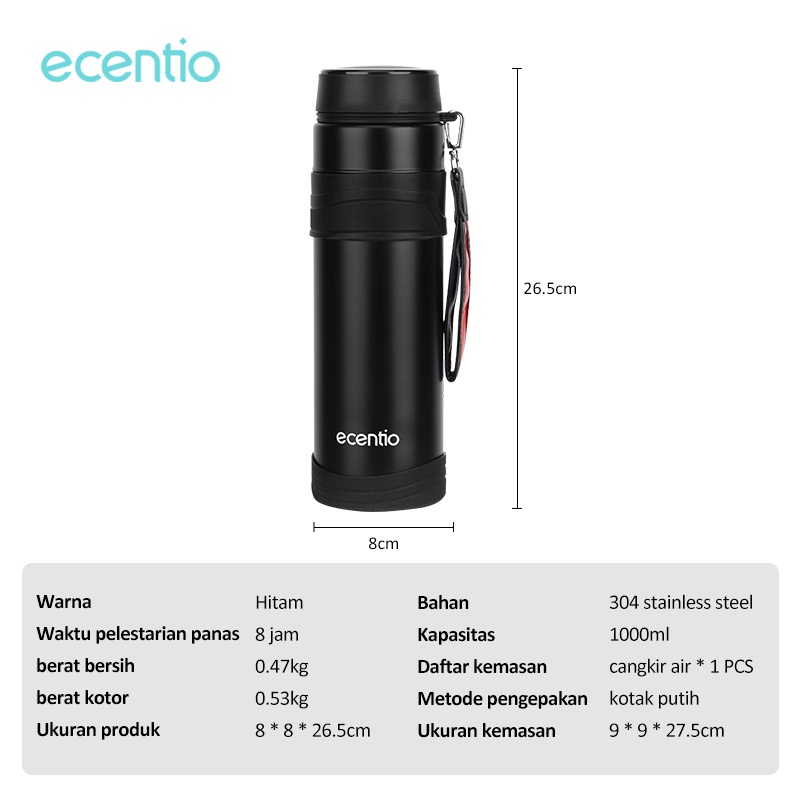 ecentio 1L Termos Air Panas Dingin Tumbler Besar Bottle Air Panas Anti Bocor Stainless Termos Minum Botol Minum