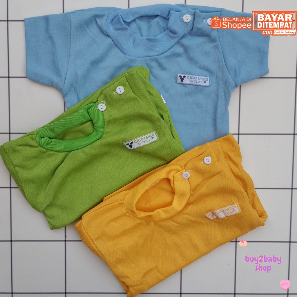 Kaos oblong bayi lengan pendek Cico Miko Warna Polos bayi usia 0-2 Tahun 3 PCS