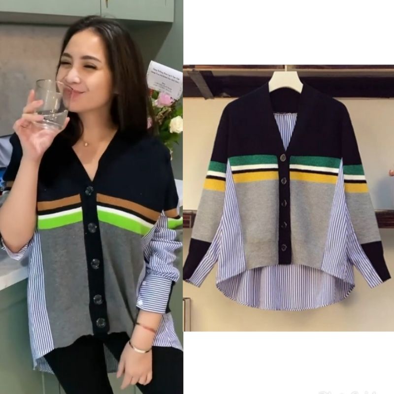 KEMEJA NAGITA OVERSIZE RAJUT KOMBINASI KATUN SALUR STRIPE IMPORT DW140