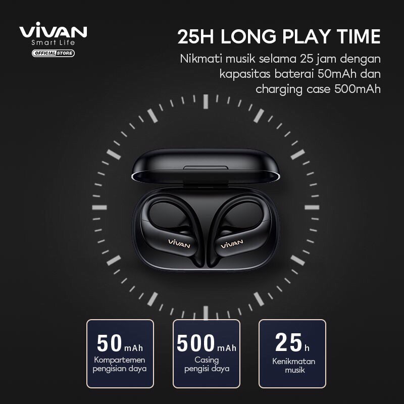 VIVAN Earphones Headset TWS Bluetooth 5.0 Waterproof IPX5 25 Hours Play Time Garansi 1 Tahun Sport X