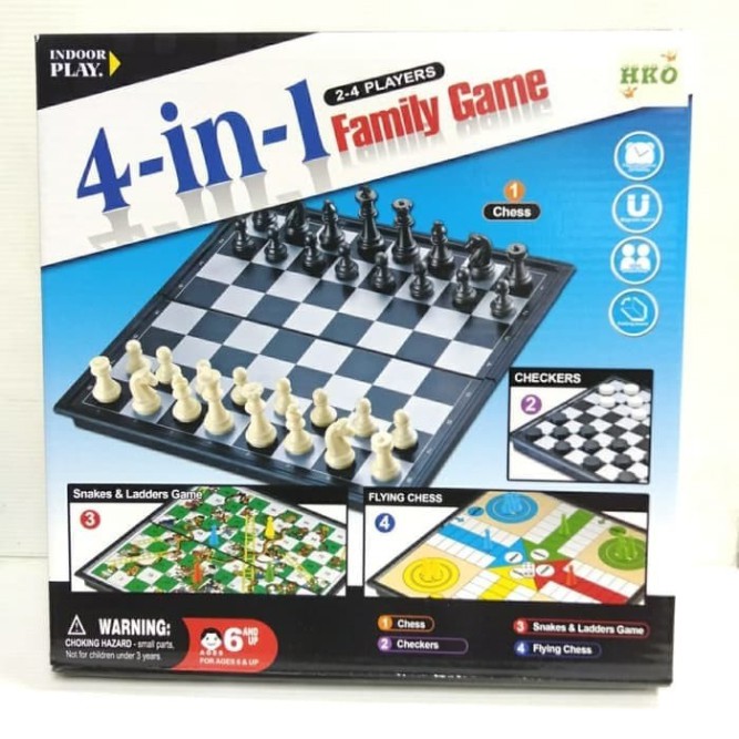 Mainan Edukasi 4 in 1 Catur,  Ular Tangga, Ludo, Checkers (Original SNI)