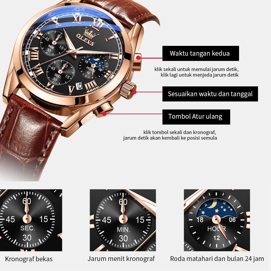 G8H3 ✅Jam Tangan Pria Original Olevs 2871 Tali Kulit Mewah Kuarsa Tahan Air Watch + Kotak