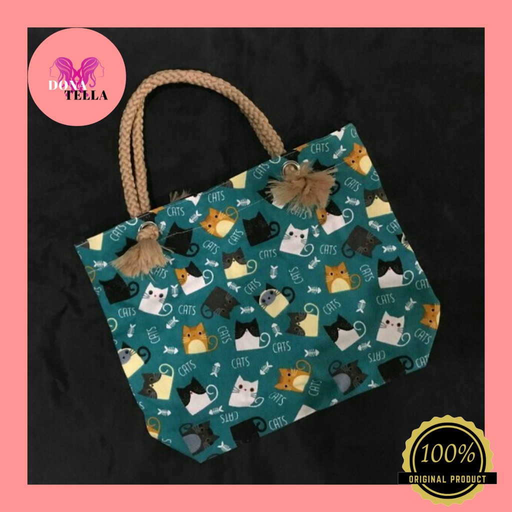 Totebag Sumbu Mini Bahan Kanvas Murah Kekinian - Motif Green Cat