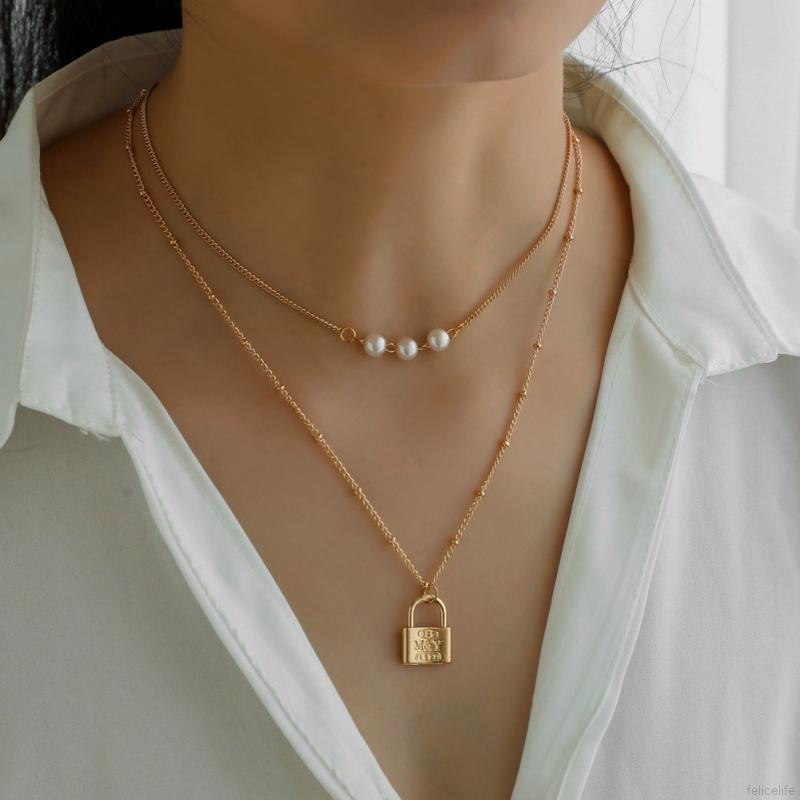 Simple And Versatile Temperament Pearl Necklace Personalized Metal Lock Pendant Fashion Niche Double-layer Necklace