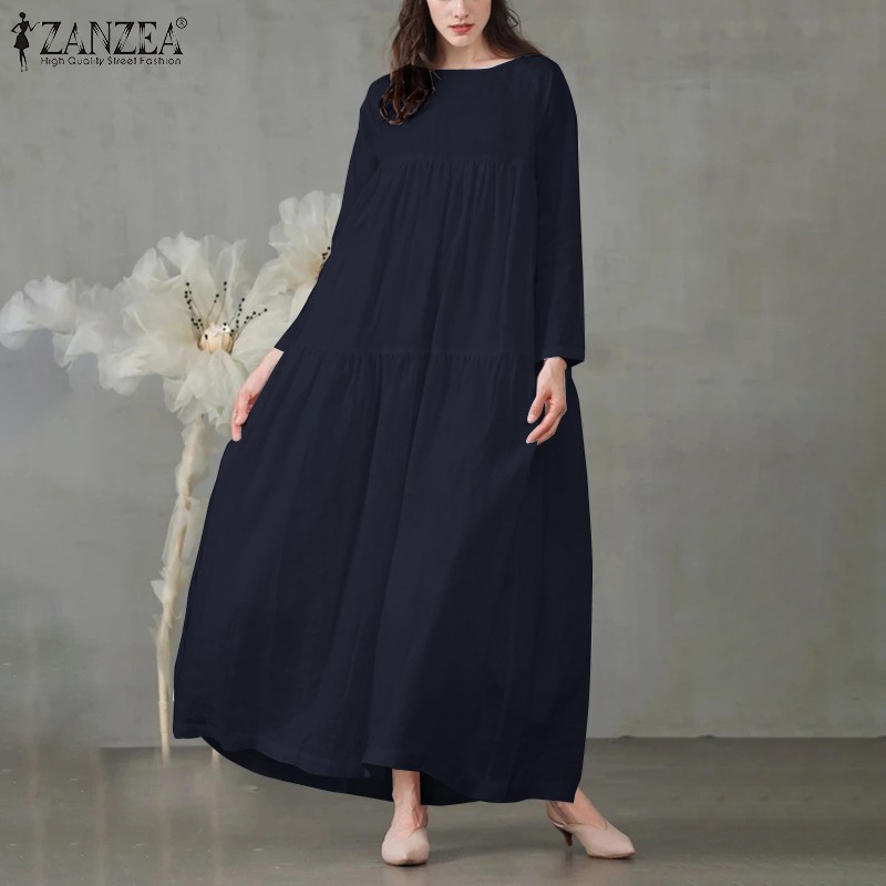 ZANZEA Women Solid Color Long Sleeve Ruffl Hem Swing Maxi Dress