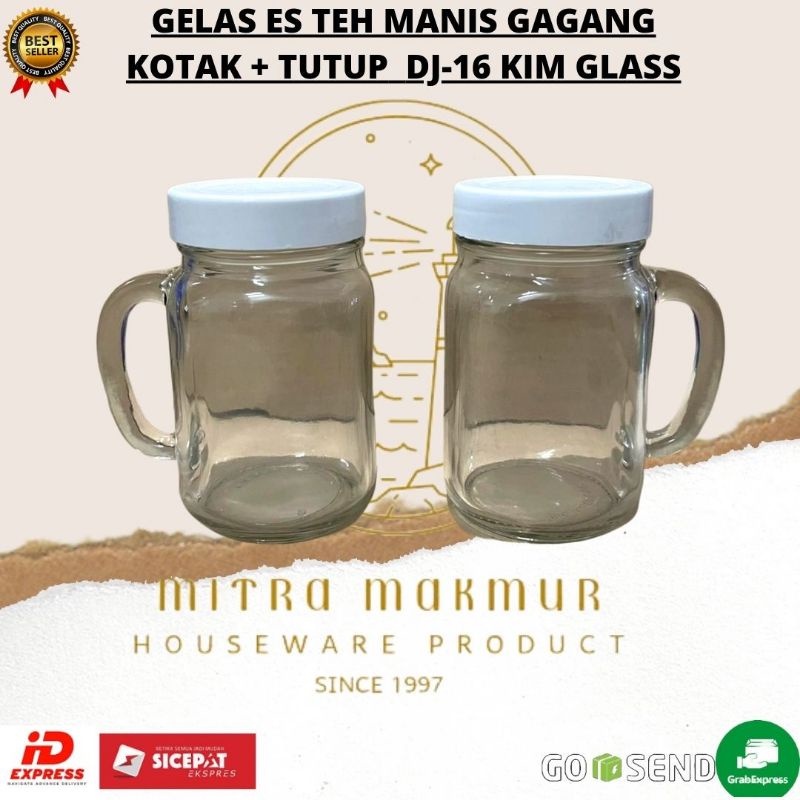 NEW!! GELAS ES TEH MANIS KOTAK GAGANG + TUTUP /GELAS MILKSHAKE / DJ-16 KIM GLASS @1 PCS