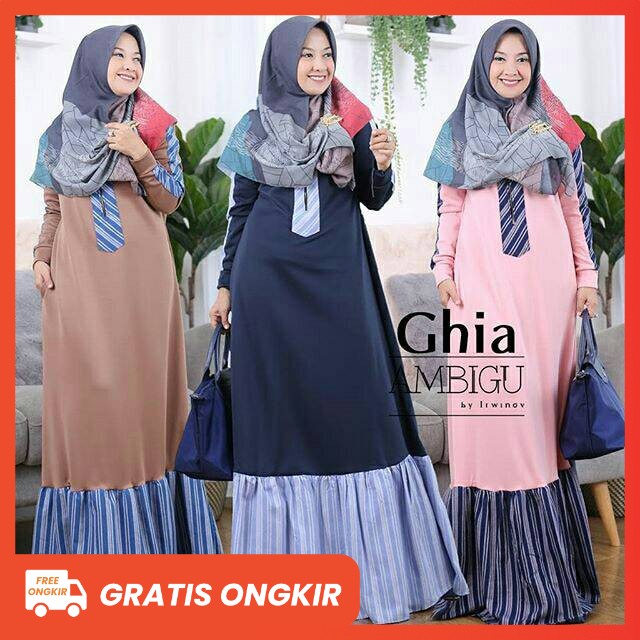 GHIA, GAMIS BAHAN SCUBA KOMBINASI DENIM STRIPE Tebal, AMBIGU By IRWINOV DressPakaian Wanita Muslimah