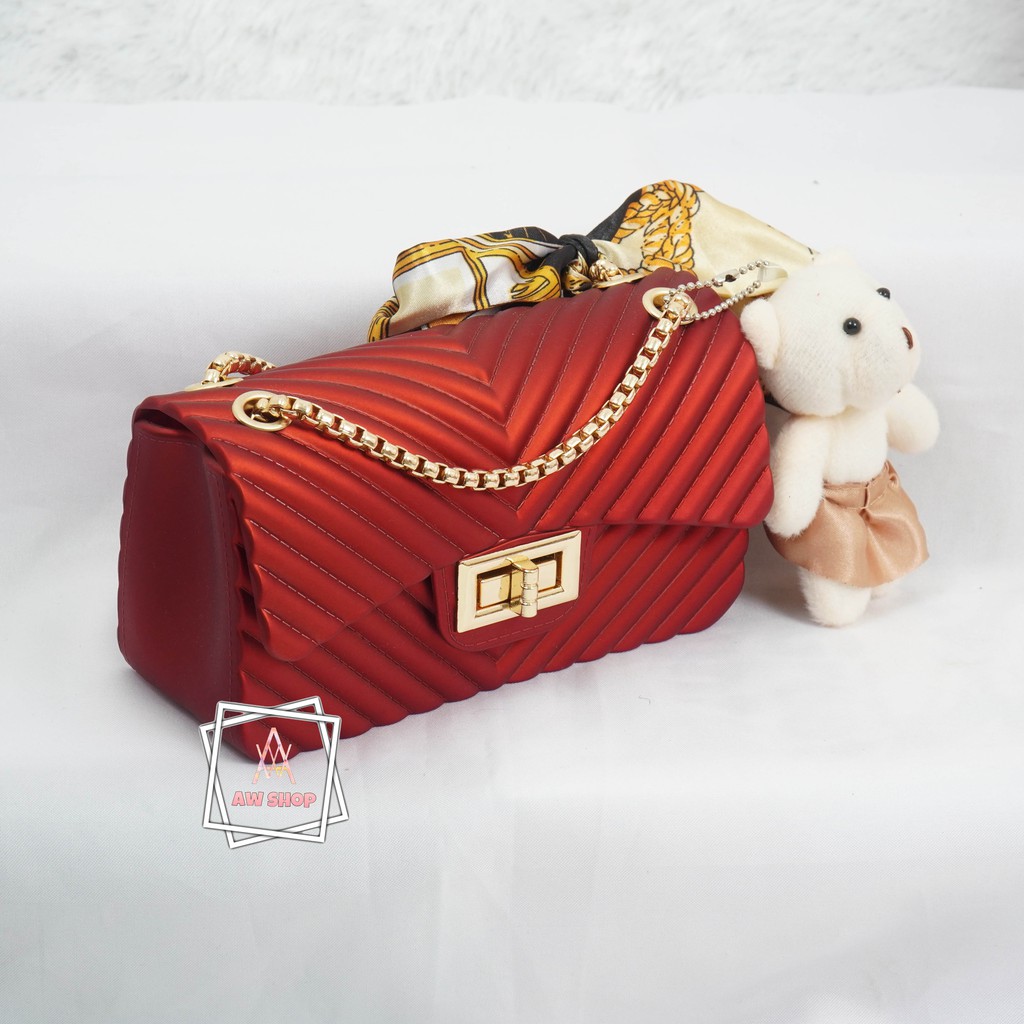 (Cod) Tas Wanita Jelly Matte Salur Size 18 Cm (Gratis Boneka &amp; Syal)