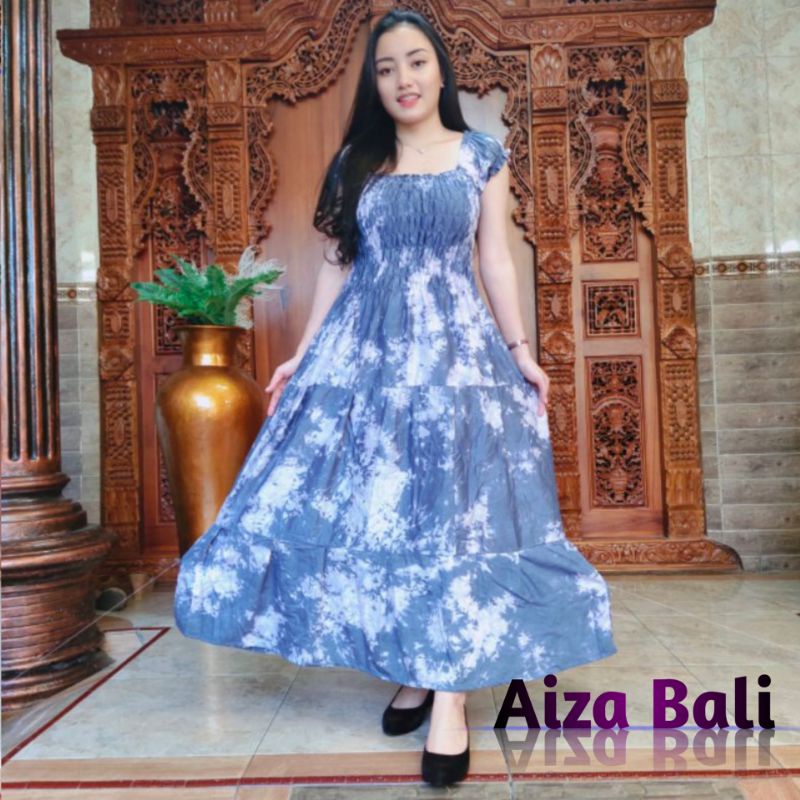 Dress Daster Canda Panjang Motif Celup Awan Flower Lengan Pendek Rayon Super Premium Bali Terbaru Ke