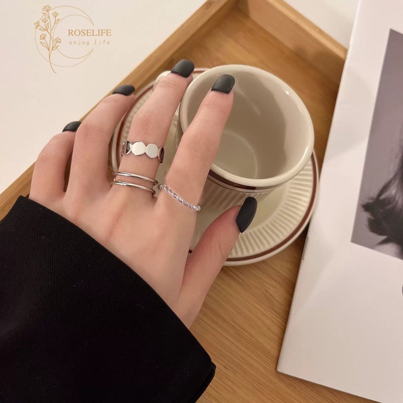 Roselife 3PCs / Set Cincin Model Terbuka Desain Geometri Warna Silver Gaya Minimalis Untuk Pria / Wanita