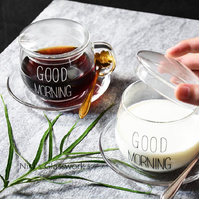 Cangkir Kopi Glass Coffee Mug Good Morning 350ml - 9H8D - Transparent