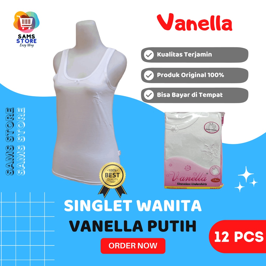 (12 Pcs) Grosir Tanktop Vanella Pakaian Kaos Dalam Kutang Wanita Dewasa Warna Putih Polos / Singlet 