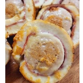 

cheesy burst chicken rollade with sausage and ham