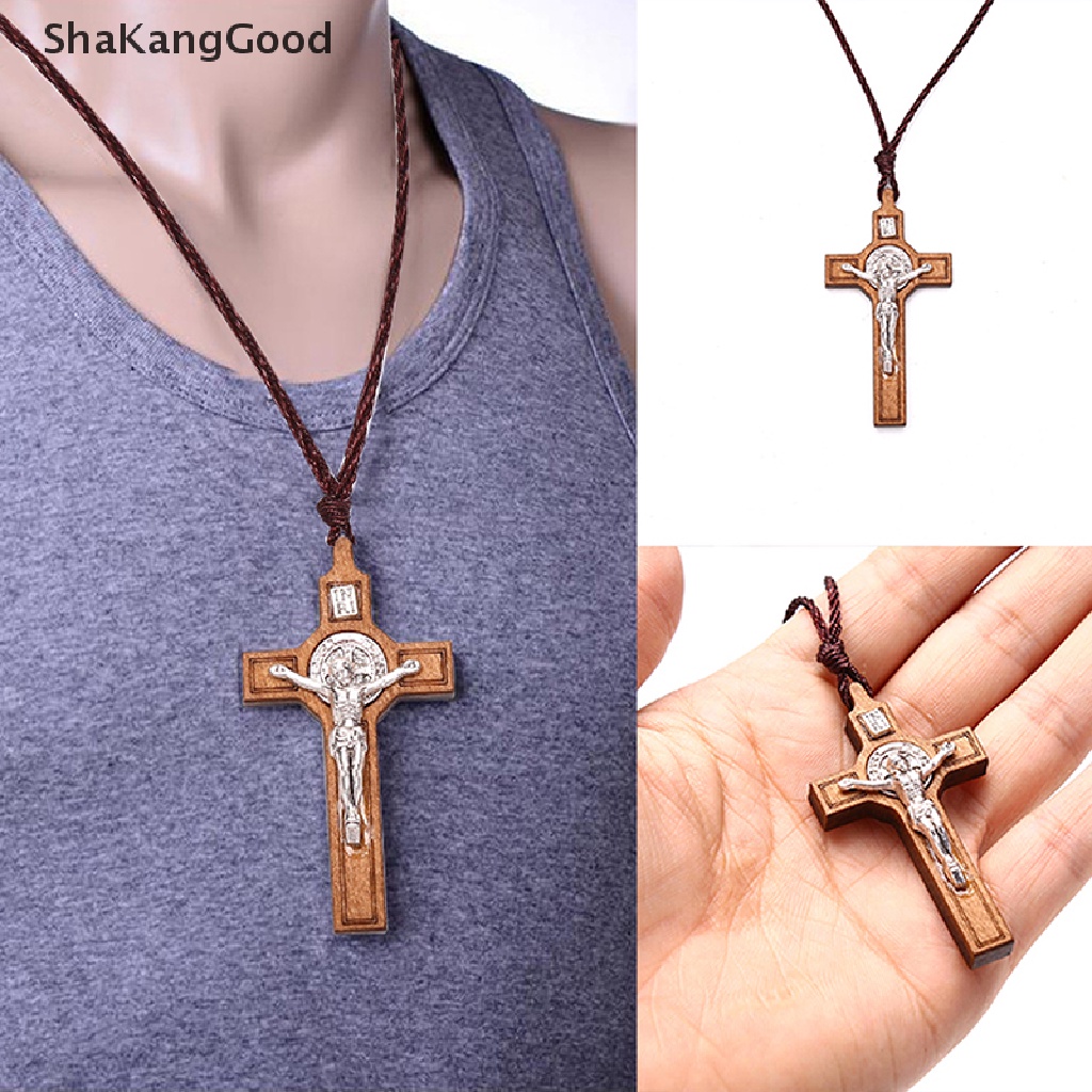 Kalung Liontin Salib Yesus Bahan Kayu Metal Gaya Retro Untuk Hadiah