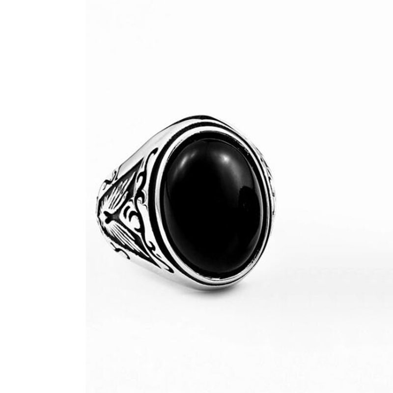 Cincin Onyx Hitam Pirus Bahan Stainless Steel Perak Gaya Punk Untuk Pria