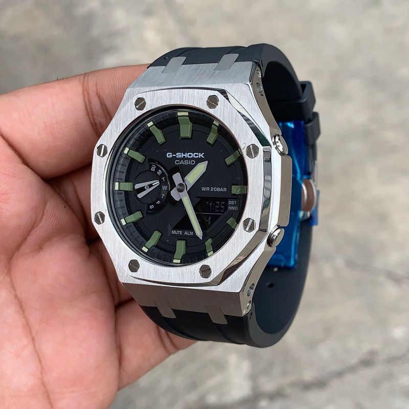 Jam Tangan G-Shock Original GA2100 GA-2100 Oak Custom Strap Rubber dan Bezel Stainless Steel 08