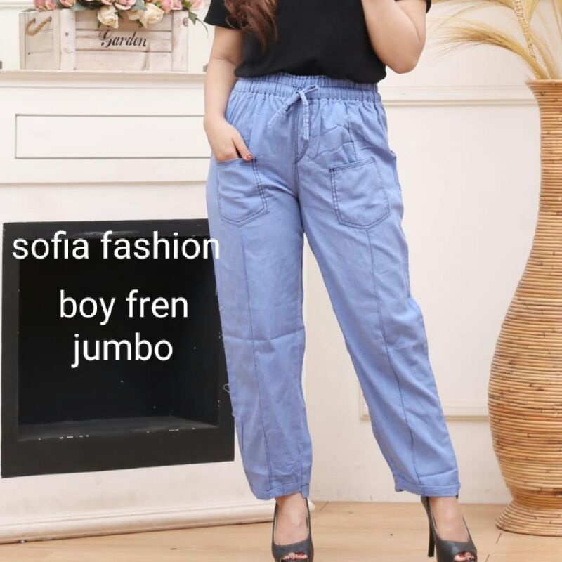 Jeans kulot wanita masa kini - all size - pinggang karet - tali depan - bahan  grey-boy friend jumbo