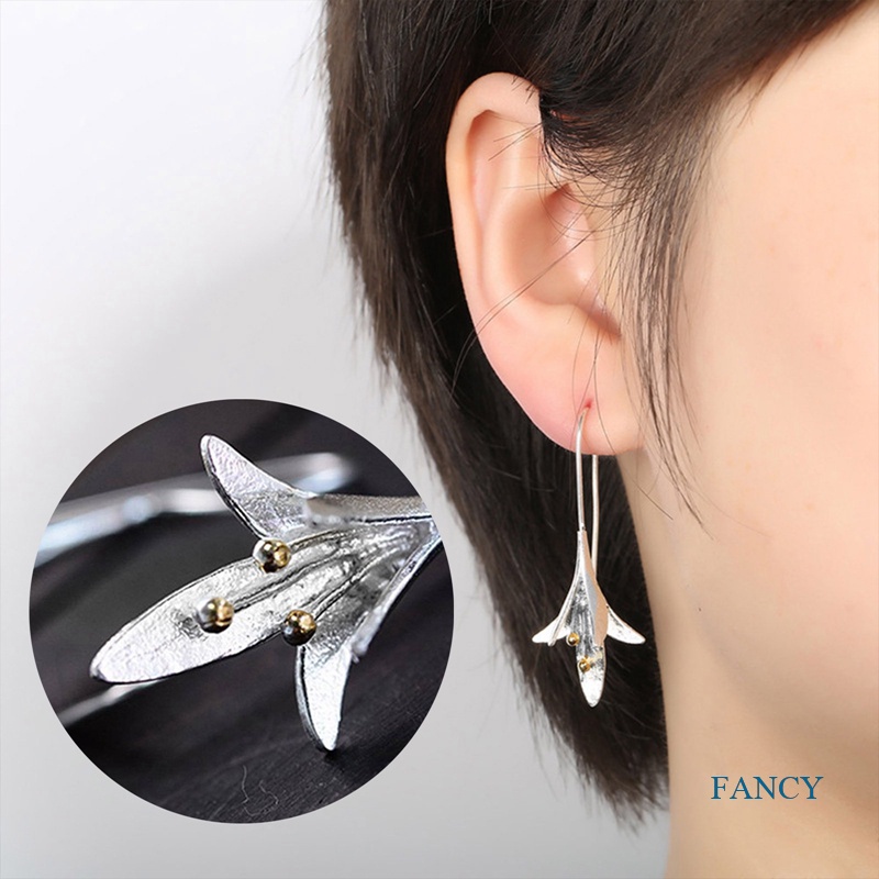 Anting Drop 925 Silver Bentuk Bunga Untuk Wanita