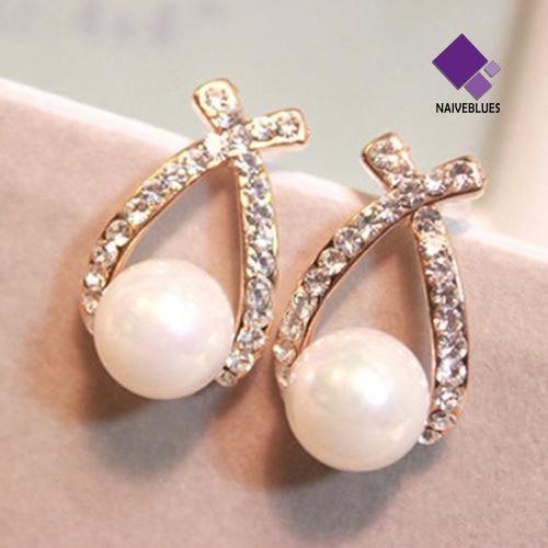 Anting Stud Hias Mutiara Berlian Imitasi Untuk Wanita