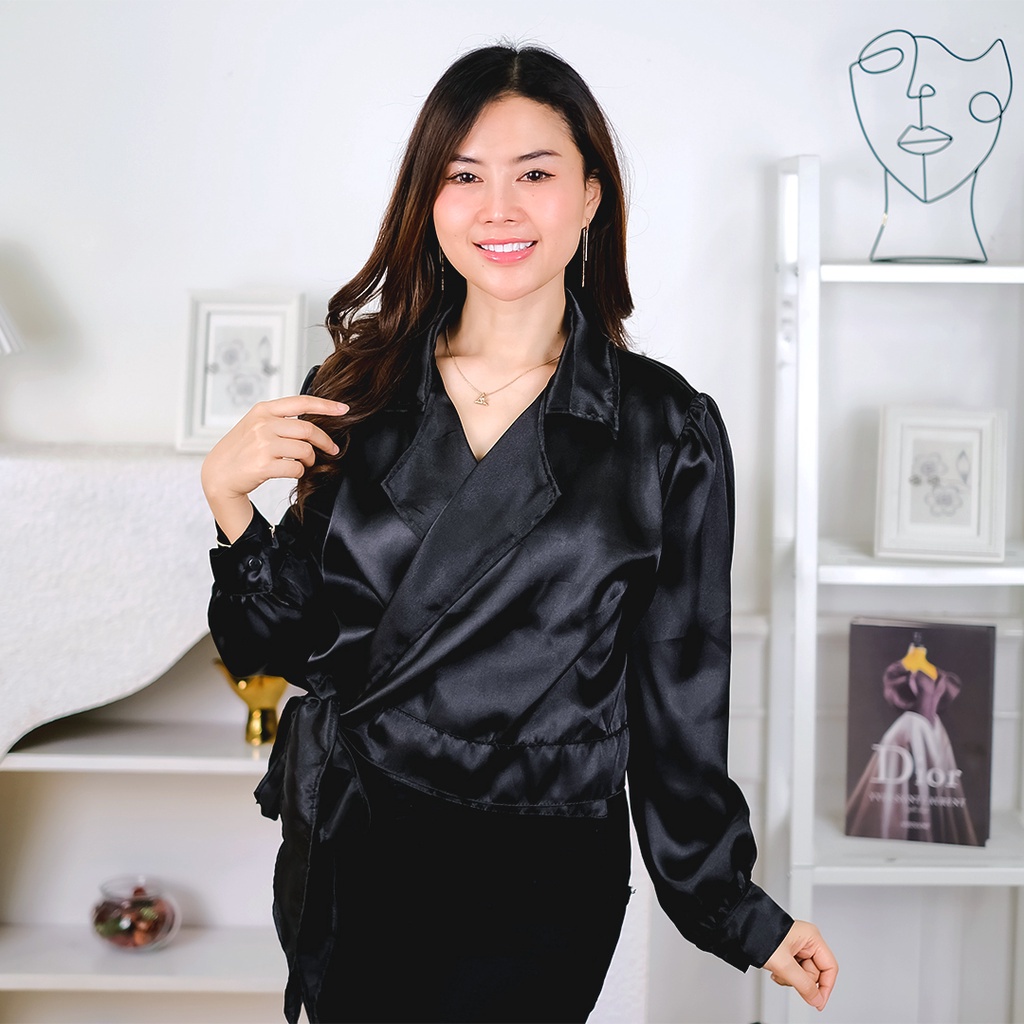 Tq88indonesia Fashion Baju Atasan Wanita Terbaru /  Yejin Wrap Crop SATIN IMPORT / Blouse Saten Lengan Panjang / Busana Casual Cewek / Ootd / Outfit