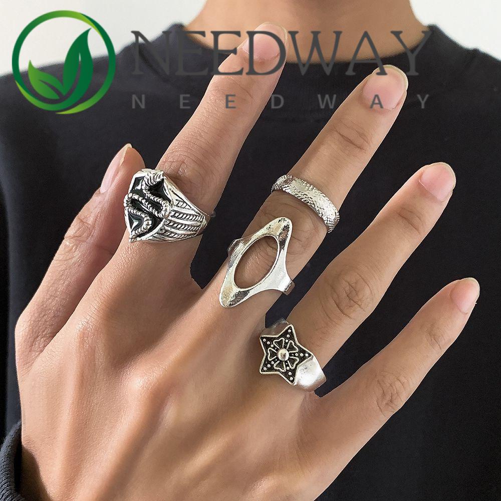 5pcs / 4pcs Cincin Model Terbuka Bentuk Ular Geometris Bahan Logam Warna Silver Gaya Retro Punk Untuk Pria