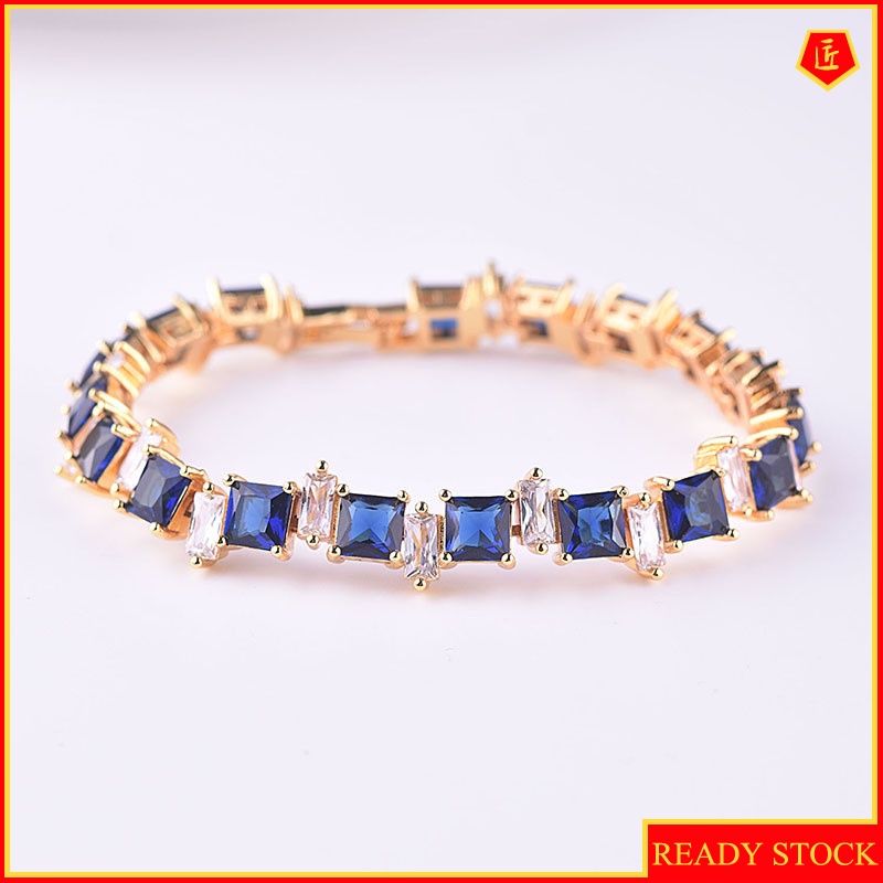 [Ready Stock]New Inlaid Colored Gem Square Diamond Bracelet 18K Gold