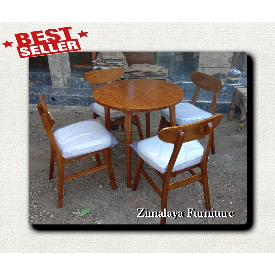 MEJA MAKAN BULAT MINIMALIS 4 KURSI BUSA JATI BAHAN TEBAL