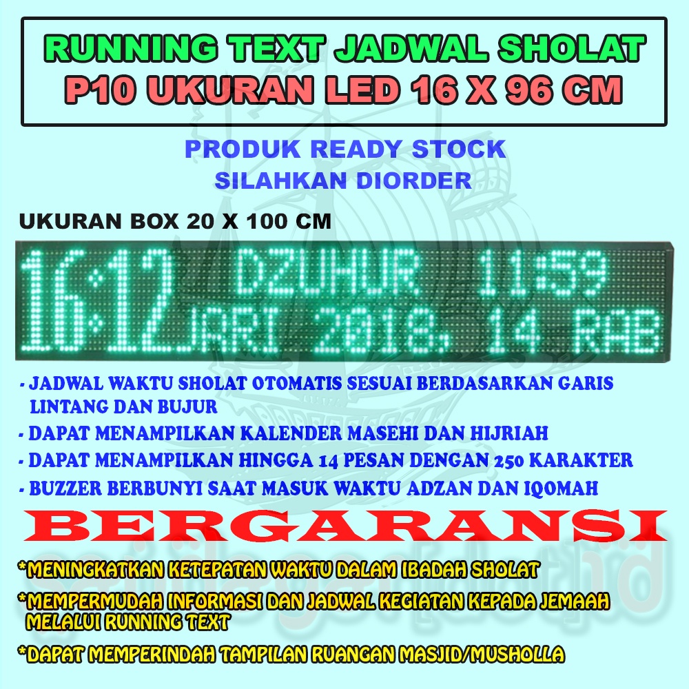 RUNNING TEXT JWS JADWAL SHALAT P10 MERAH HIJAU PUTIH 16X96 PIXEL