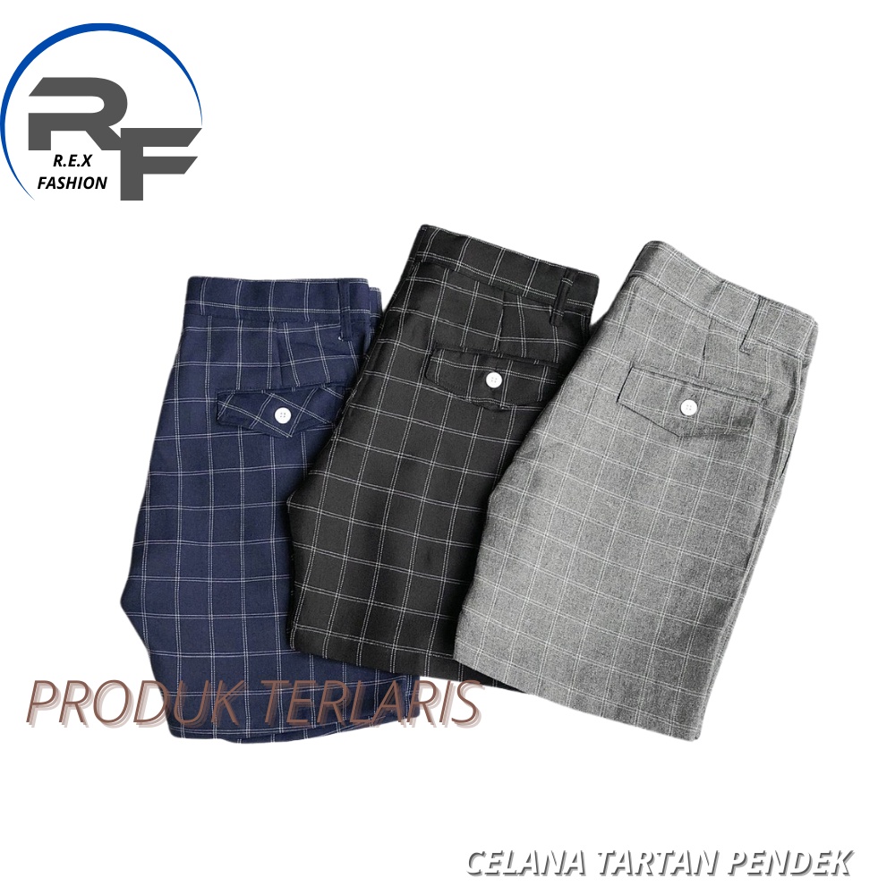 Celana Pendek Pria Motif Kotak-Kotak Tartan Korean Varian Warna Black Grey Navy High Pants