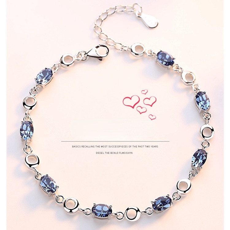 Gelang Bahan Sterling Silver 925 Hias Kristal Biru Laut Untuk Wanita