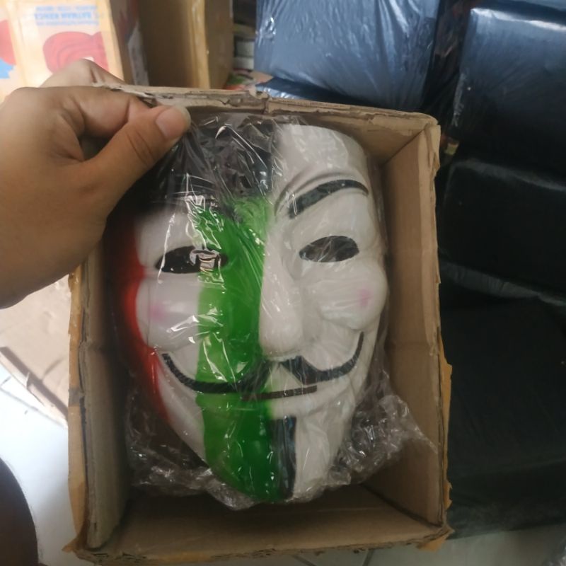 (Packing Box) Topeng anonymous italy/palestine warna hitam merah putih hijau topeng hacker murah