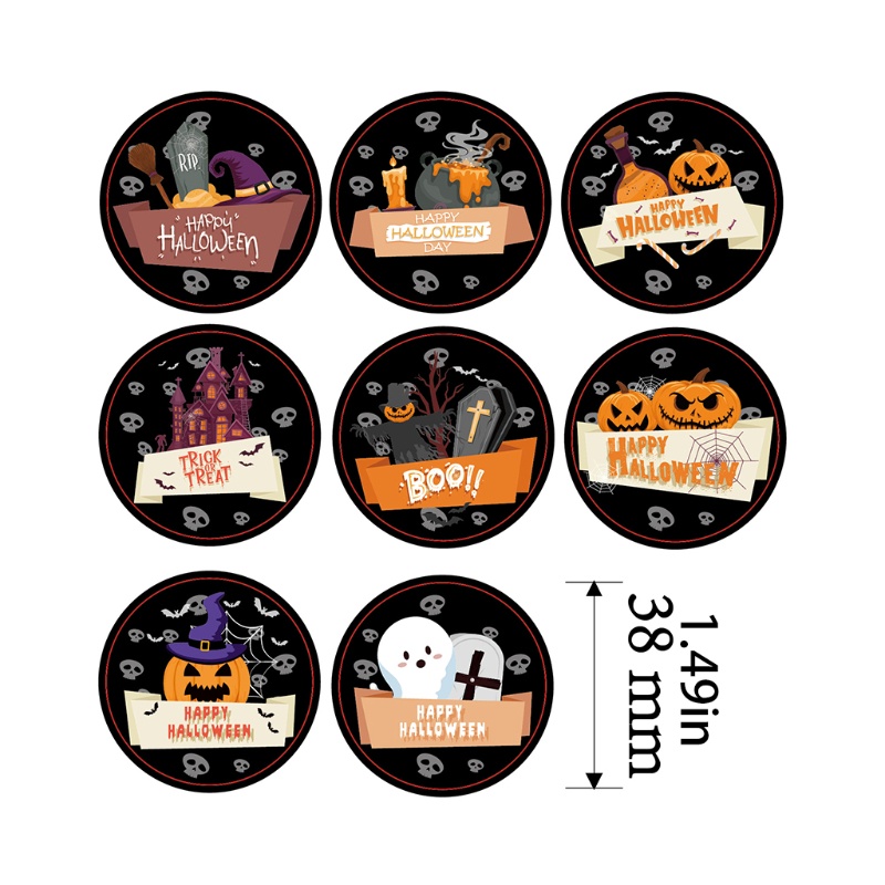 500pcs / roll Stiker Label Desain Happy Halloween 8 Desain Untuk Dekorasi